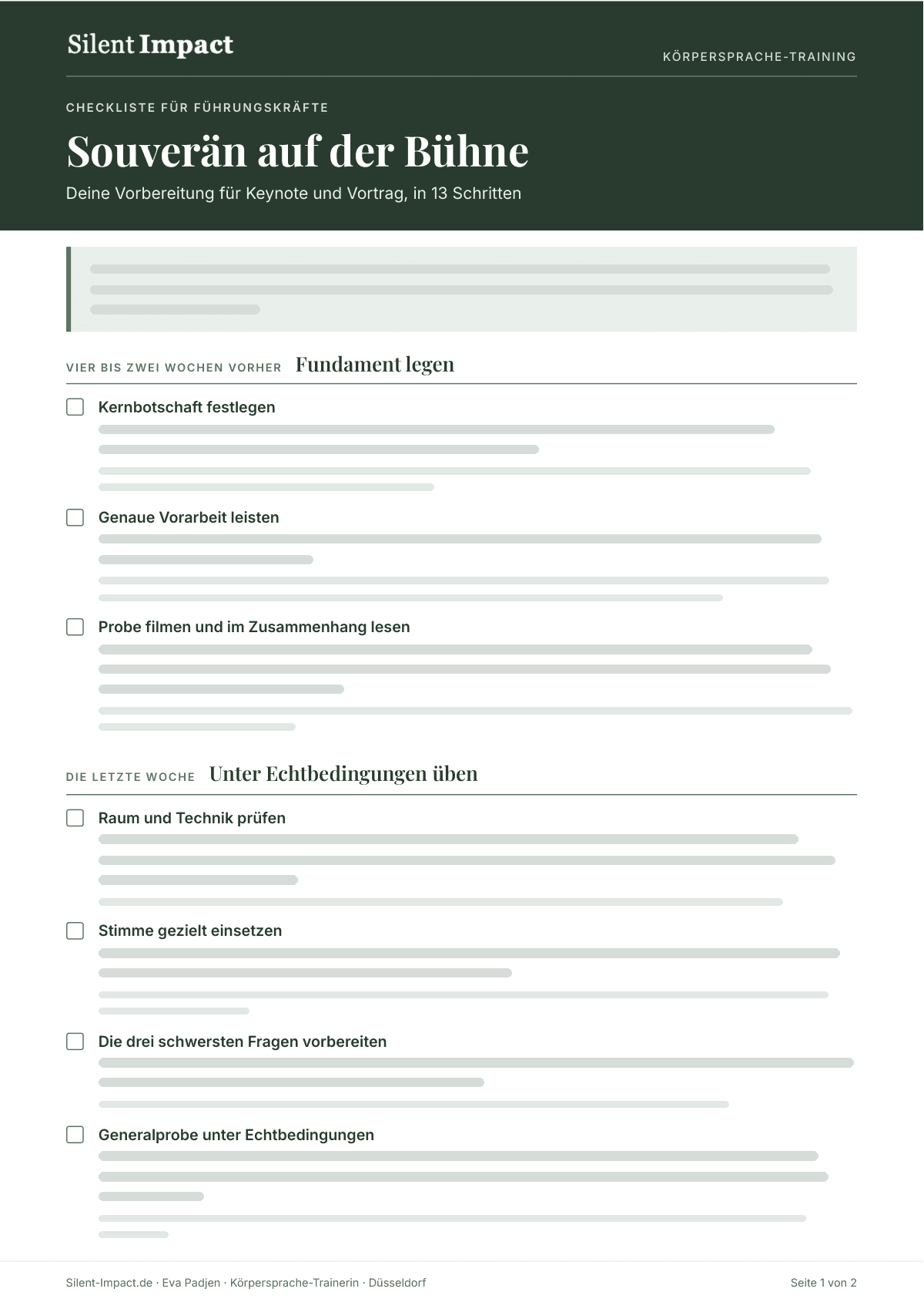 Vorschau der ersten Seite der Checkliste „Souverän auf der Bühne“ mit den Schritten für die Wochen vor dem Auftritt